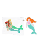 Mermaid-shaped erasers in a clear pouch with a tag