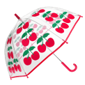 Transparent umbrella with red trim and cherry pattern