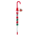 Closed transparent umbrella with red handle, cherry pattern and a tag