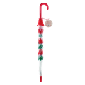Closed transparent umbrella with red handle, cherry pattern and a tag