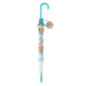 Closed transparent umbrella with light blue handle, rainbow pattern and a tag