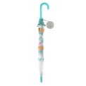 Closed transparent umbrella with light blue handle, rainbow pattern and a tag
