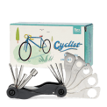 Cyclist multi-tool set with various attachments and a box 
