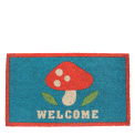 Colourful doormat featuring red mushroom and a welcome letter print 