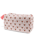 Rectangular makeup bag in pale pink with a floral pattern of small red and green flowers