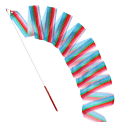 gymnastics ribbon with multicoloured stripes and red-handled stick