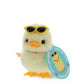 A fluffy yellow wind-up duck toy wearing yellow sunglasses with a tag 