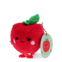 Red apple-shaped plush wind-up toy with a smiling face and a tag