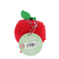 Red apple-shaped plush wind-up toy with a tag