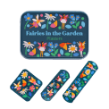 Fairy in the garden plasters beside a matching tin with fairy, butterfly, and flower illustrations