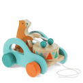 Wooden pull-along toy featuring a bear playing a drum, with colorful wheels