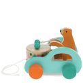 Wooden pull-along toy featuring a bear playing a drum, with colorful wheels