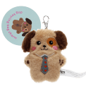 dog-shaped plush keyring wearing a tie with brown ears and a tag