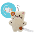 Cat-shaped plush keyring with a metal clasp and a tag