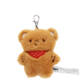 Light brown plush teddy bear keychain with a red polka-dotted bandana, metal clasp for attachment