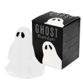 White ghost night light with black oval eyes shown next to the packaging box