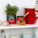 Two passata tins repurposed as herb and spice holders on a rustic kitchen shelf.