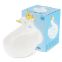 White swan night light wearing a crown, shown next to the packaging box