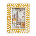 picture frame with a mustard yellow border and white leaf patterns