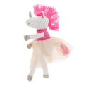 Knitted unicorn toy wearing a pink top and skirt