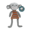 Knitted monkey toy with a grey bodyand wearing an orange and grey striped shirt with tag