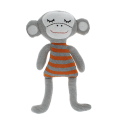 Knitted monkey toy with a grey body and wearing an orange and grey striped shirt.