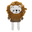 Knitted lion toy wearing a striped sweater, with white knitted legs 