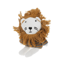 Knitted lion toy wearing a striped sweater, with white knitted legs