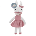 Knitted rabbit toy with long ears, wearing a pink dress with a ruffled collar and a matching bow on one ear with tag