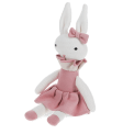 Knitted rabbit toy with long ears, wearing a pink dress with a ruffled collar and a matching bow on one ear