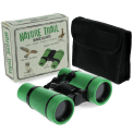 Green Nature Trail binoculars with black carrying case and a packaging box