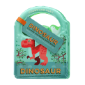Colour changing bath book featuring colourful illustrations of dinosaur print and a tag