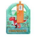 Colour changing bath book featuring colourful illustrations of dinosaur print and a tag