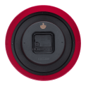 Back view of red wall clock with battery compartment and hanging hole