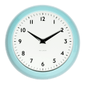 Round blue wall clock with black hands and numbers