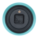 Back view of blue wall clock with battery compartment and hanging hole