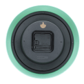 Back view of mint green wall clock with battery compartment and hanging hole