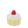 Yellow cupcake-shaped candle with a decorative strawberry on top