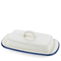 Rectangular white enamel butter dish with a blue rim and a handled lid