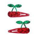 Pair of red glitter cherry hair clips with green glitter leaves