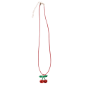 Children’s necklace with red cord and sparkling cherry pendant in packaging