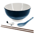 Blue ceramic noodle bowl set with spoon, chopsticks, and fish-shaped rest