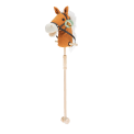 hobby horse toy with white mane and black bridle on a wooden stick