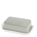 Rectangular butter dish with grey lid embossed with the word 'BUTTER