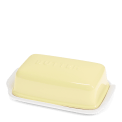 Rectangular butter dish with yellow lid embossed with the word 'BUTTER