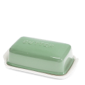Rectangular butter dish with green lid embossed with the word 'BUTTER'