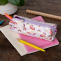 Pencil case in pink featuring colourful illustrations of unicorns, rainbows and stars