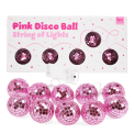 String of pink disco ball lights shown with packaging in the background.
