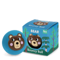 Blue bouncy ball with a bear face design next to its matching box 