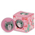 Pink bouncy ball with a cat face design next to its matching box 